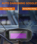 Auto darkening goggles for a handheld arc welder with portable 110V welding machine, illustrating clear and darkening modes.