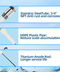 Electric Anode Rod For Water Heaters That Zaps Rotten Egg Odor Kicks Sulfur Smell To The Curb Extends Heater Life Guards Against Corrosion Fits 10 To 69 Gallon Units Delivers Clean Water And Peace Of Mind components description with stainless steel tube, HDPE pipe, and titanium rod.