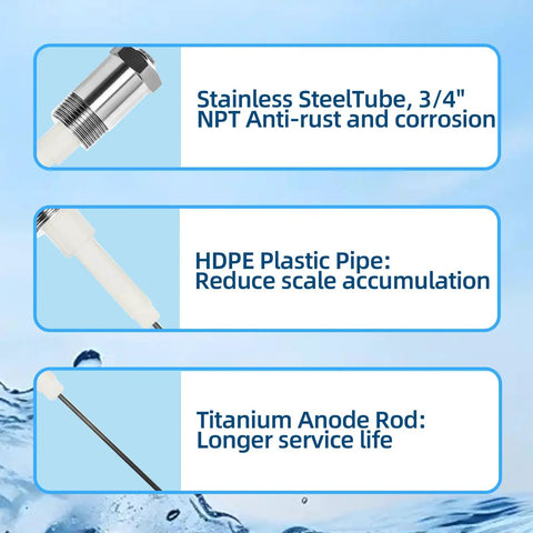 Electric Anode Rod For Water Heaters That Zaps Rotten Egg Odor Kicks Sulfur Smell To The Curb Extends Heater Life Guards Against Corrosion Fits 10 To 69 Gallon Units Delivers Clean Water And Peace Of Mind components description with stainless steel tube, HDPE pipe, and titanium rod.