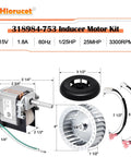 Inducer Motor Assembly With HC21ZE114A Furnace Motor And LA11AA005 Blower Wheel Kit with dimensions and specs shown