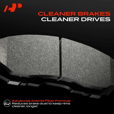 Rock Solid Front Ceramic Brake Pads Compatible With Hyundai Kia 2 Pack close-up view highlighting advanced aramid fiber material.