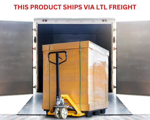 Box on pallet jack at truck entrance, labeled "This product ships via LTL Freight"