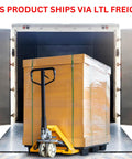 Portable Heavy Duty Dual Arm Fume Extractor package on pallet jack ready for LTL freight shipping in industrial setting