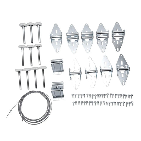 10-Piece Garage Door Hardware Kit With 2-In White Nylon Rollers And Hinges For Quiet, Smooth Operation And Reduced Noise, Durable Nylon Wheels, Nylon-Coated Steel Shaft, Easy Installation, Compatible With Most Residential Doors. garage rollers, hinges, screws, and cable layout