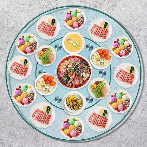 Tempered Glass Rotating Serving Tray With Aluminum Auxiliary Wheel Round Lazy Susan Turntable For Heavy Duty Dining Table Use