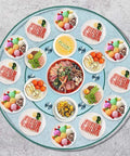 Tempered Glass Lazy Susan Turntable for Round Dining Tables, 360 Degree Rotating Serving Tray with various dishes displayed