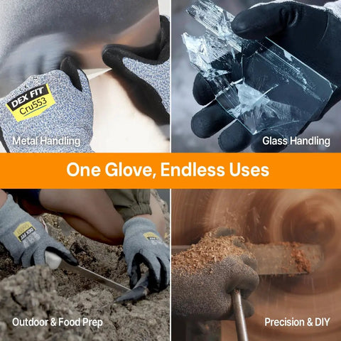 Level 5 Cut Resistant Gloves Cru553 used in metal, glass, outdoor, and precision work environments.