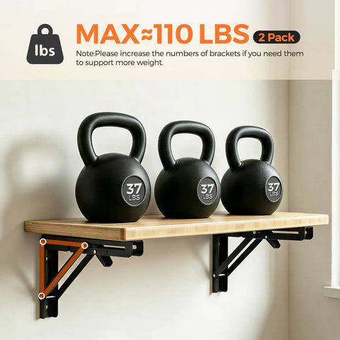 Heavy Duty Stainless Steel Folding Shelf Brackets 6 Inch Set Of 4 Black Wall Mounted Foldable Table Hinge with kettlebells on top