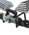 Heavy Duty Electric Rebar Bender Construction Rig Bends Steel Rods 8 To 32 Mm with steel rods in background.