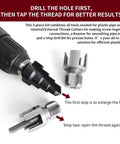 Close-up of PVC Pipe Threading Tool Kit Three Piece Set For Electric Drill With One Half Inch And Three Quarter Inch Internal And External Thread Cutters Reamer And Step Drill Bit Fifteen To Thirty One Millimeters