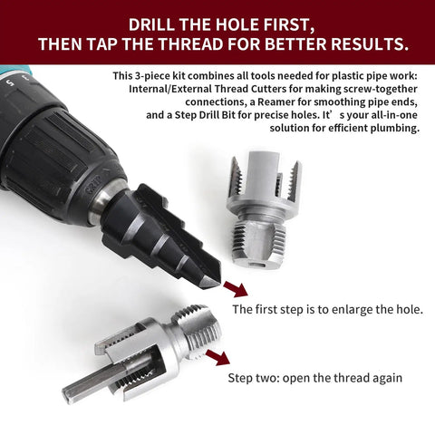 Close-up of PVC Pipe Threading Tool Kit Three Piece Set For Electric Drill With One Half Inch And Three Quarter Inch Internal And External Thread Cutters Reamer And Step Drill Bit Fifteen To Thirty One Millimeters