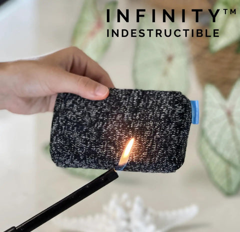 Infinity Sponge being tested for heat resistance with blue flame, showcasing the durable anti-cut design and silver fiber material.