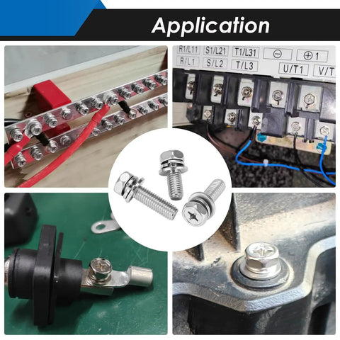Collage of 72Pcs Battery Terminal Bolts And Nuts Kit Stainless Steel 304 with M6 to M20 sizes in automotive and powersports applications.