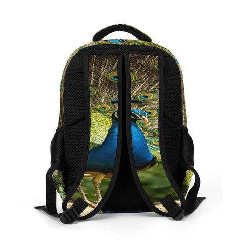 Back view of Go To Everyday Carry Unisex Peacock Print Backpack With Full Tail Spread Design, showing durable straps and detailed print.