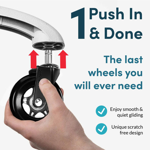 Hand inserting Heavy Duty Office Chair Wheels Replacement 5 Pack Glide Like Butter Polyurethane Casters with steel core into chair.