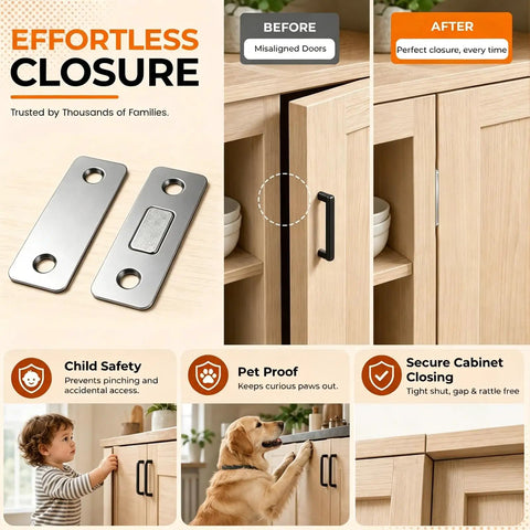 Ultra Thin Magnetic Cabinet Door Catch 16 Pack Slim Self Adhesive Drawer Latch for Cabinets demonstration before and after use
