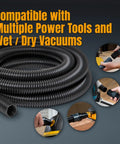 Dust Collection Hose Kit 10 Ft With Five Fittings For Woodworking Tools And Home Shop Vacs And Wet Dry Vacuums Fits 1 Inch And 1-1/2 Inch Ports Screw On Adapters For Easy Connection, coiled and shown with various power tools and vacuums
