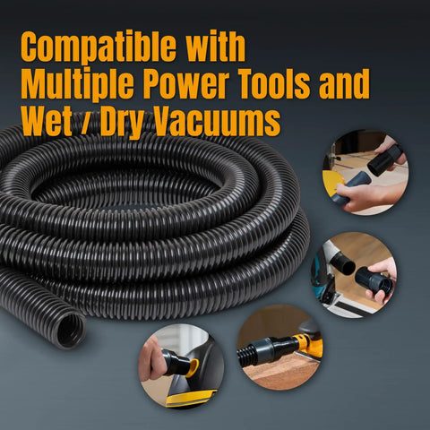 Dust Collection Hose Kit 10 Ft With Five Fittings For Woodworking Tools And Home Shop Vacs And Wet Dry Vacuums Fits 1 Inch And 1-1/2 Inch Ports Screw On Adapters For Easy Connection, coiled and shown with various power tools and vacuums