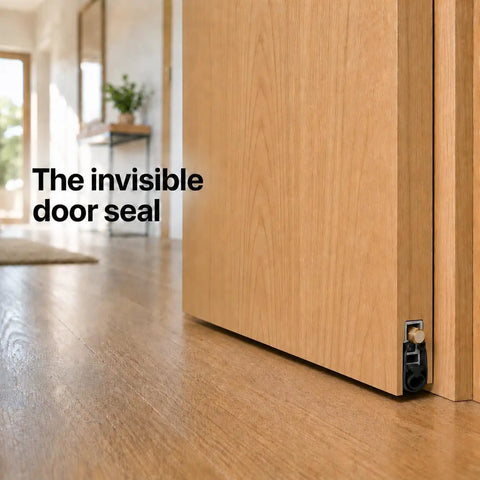 Auto Drop Under Door Seal Strip on wooden door, showing low-profile design for exterior doors, 36 inch length, soundproofing sweep.