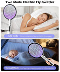Dual Mode Electric Fly Swatter 4500V Bug Zapper Racket 2 In 1 Handheld Purple Light with Auto Mode shown in bedroom setting
