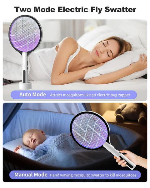 Dual Mode Electric Fly Swatter 4500V Bug Zapper Racket 2 In 1 Handheld Purple Light with Auto Mode shown in bedroom setting