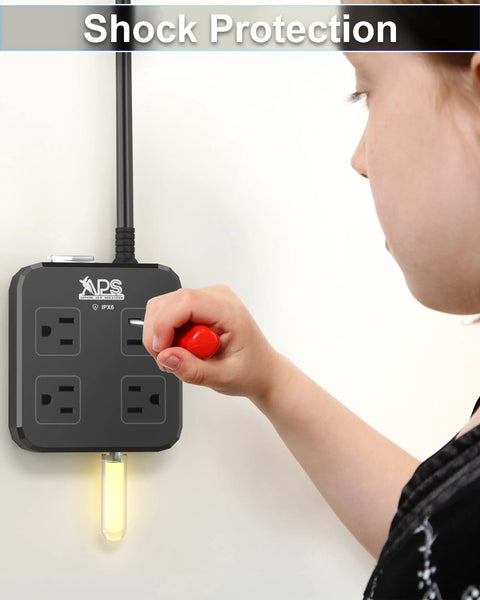 Outdoor Power Strip Tough Weatherproof Surge Protector With Four Wide Outlets And Three USB Ports Six Foot Extension Cord Wall Mountable Overload Protection Built For Outdoors Patio Garden Christmas Lights And More ETL Listed, shown wall-mounted with child nearby.