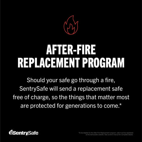 Image of SentrySafe's After-Fire Replacement Program notice with details on safe replacement after fire incidents.