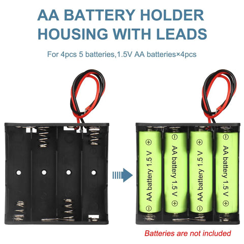 No Sweat 2 Pack 4 Slot AA Battery Holder With Tipped Leads, showing spring loaded design and leads for electronics projects.