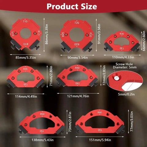 Heavy Duty Aluminum Router Corner Radius Templates Set Slick CNC woodworking guides showing product sizes and dimensions for precise cuts.