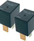 Two Pack 70A 12V DC Automotive Relay 4 Pin SPST With Resistor Compatible With BMW I3 I8 And Tesla Model S X viewed from the front.