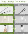 Comparison of Four Light Matte Black Vanity Light With Square Backplate Glass Shades with competitor showing wire and glass quality differences.