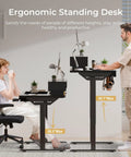 Electric Standing Desk With Drawers 48 By 24 Inch Height Adjustable Gaming Desk With Monitor Stand Power Outlets LED Lights And Memory Preset Perfect For Home Office Or Gaming Setups Black, shown at sitting and standing heights in a room setting with a man and woman.