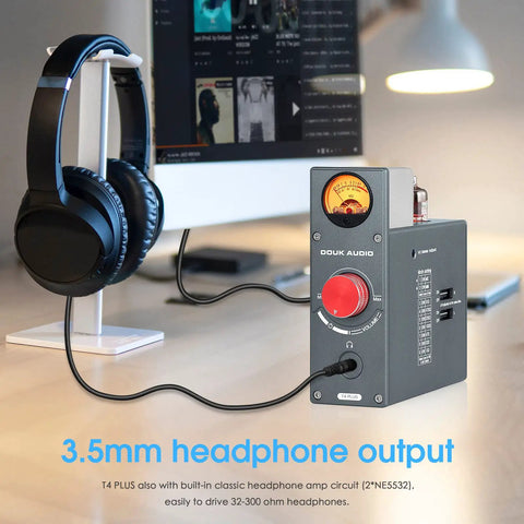 Dope Tube Phono Preamp T4 Plus For MM And MC Turntables, Warm Analog Vacuum Tube Sound, Preamplifier With Headphone Amp, Aux Input, VU Meter, Retro HiFi Vibe For Vinyl Lovers, gray desktop unit with headphones