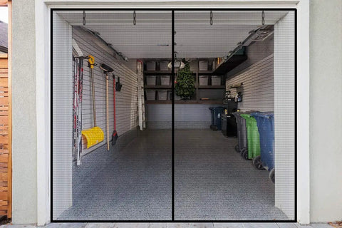 Built Tough Garage Door Screen For 1 Car 12x7 Ft Magnetic Closure in black, installed in an organized garage with tools and bins.