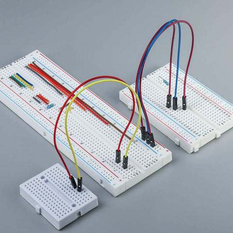16 Piece Breadboard Kit With 400 Tie Points Solderless Prototyping PCBs For Arduino DIY Projects shown with jump wires connected
