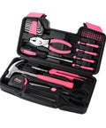 39 Piece Household Tool Set For Home, Garage, Office And Dorm Pink, Pro Grade DIY Essentials For Furniture Assembly, Picture Hanging And Everyday Repairs With Lifetime Warranty in an open black and pink storage case.