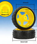 Two yellow wheels from DC Gearbox Motor 3 To 6V With One To Forty Eight Gear Ratio Dual Shaft Small Electric Motor With Wheel Kit.
