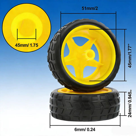 Two yellow wheels from DC Gearbox Motor 3 To 6V With One To Forty Eight Gear Ratio Dual Shaft Small Electric Motor With Wheel Kit.