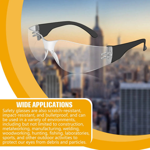 Unisex Safety Glasses Bulk Pack 84 Pairs With Polycarbonate Lens, Clear Anti Scratch Eyewear against cityscape background