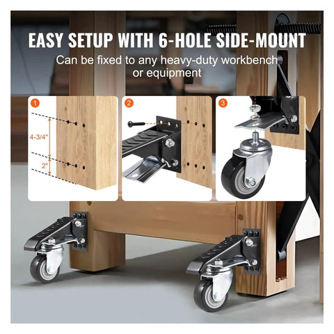 Heavy Duty Workbench Casters Set Of 4 Two Point Five Inch Retractable Urethane Wheels featuring 6-hole side-mount installation details.