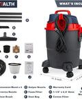 Beast 5.5 Peak HP Wet And Dry Shop Vacuum With 5 Gallon Tank And Blower Drain Port, accessories shown including nozzles and filters
