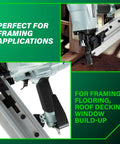 Detail of Framing Nailer Pro Preferred Pneumatic Tool With Claw Tip Tool Free Depth Adjustment in use on wood