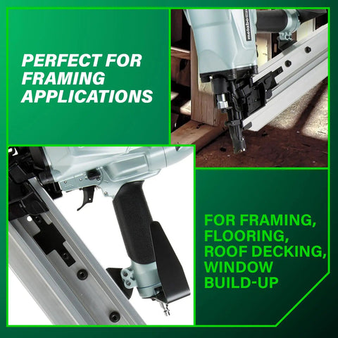 Detail of Framing Nailer Pro Preferred Pneumatic Tool With Claw Tip Tool Free Depth Adjustment in use on wood