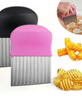 2-pack waffle fry cutters pink and black with metal comb blades front view.