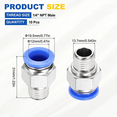 Push To Connect Fittings 10 PC Set Nickel Plated Brass Straight Pneumatic Male Adapters Pro Grade One Quarter NPT Fits 0.47 Inch OD Tube Blue Quick Connect Air Line Fittings For Factory Pneumatic System, shown with dimensions and blue accents.