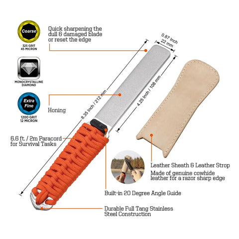 Dual Grit Diamond Sharpening Stone With Leather Strop For Tools And Blades For DIYers And Pros, Coarse 325 Grit And Extra Fine 1200 Grit, Fast Sharpening On Lawn Mower Blades, Axes, Hatchets, Hedge Shears, Chisels, Drills