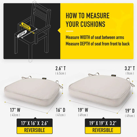 Gel Memory Foam Chair Cushions Set Of Four With FadeShield Water And Stain Resistant Finish For Indoor Outdoor Use, Reversible Seat Pads With Ties, 17 By 16 Inches, Cream Color, measuring guide with cushion dimensions.