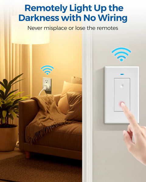 Smart home setup with Remote Control Outlet Switch for Lamps and Lights, Wireless Light Switch with On Off Remote in living room.