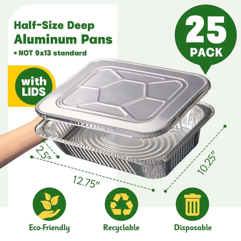 Heavy Duty 9x13 Aluminum Pans With Lids, 25 Pack Disposable Foil Bakeware shown with size dimensions and eco-friendly features.