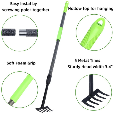 Adjustable Handle Hand Rake For Weeding And Tilling, small garden tool, soft foam grip, heavy duty tiller, mini rake, 5 metal tines